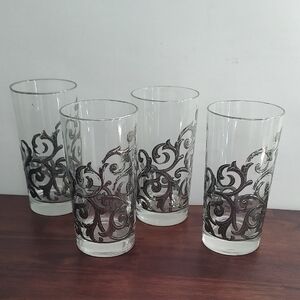 4 Libbey PLATINUM SCROLL Collins Tumbler Glasses 12 Oz Mid Century Glassware